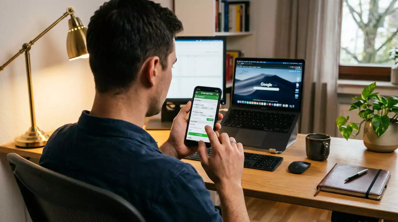 Person hält Smartphone und prüft die App-Funktionen am Schreibtisch