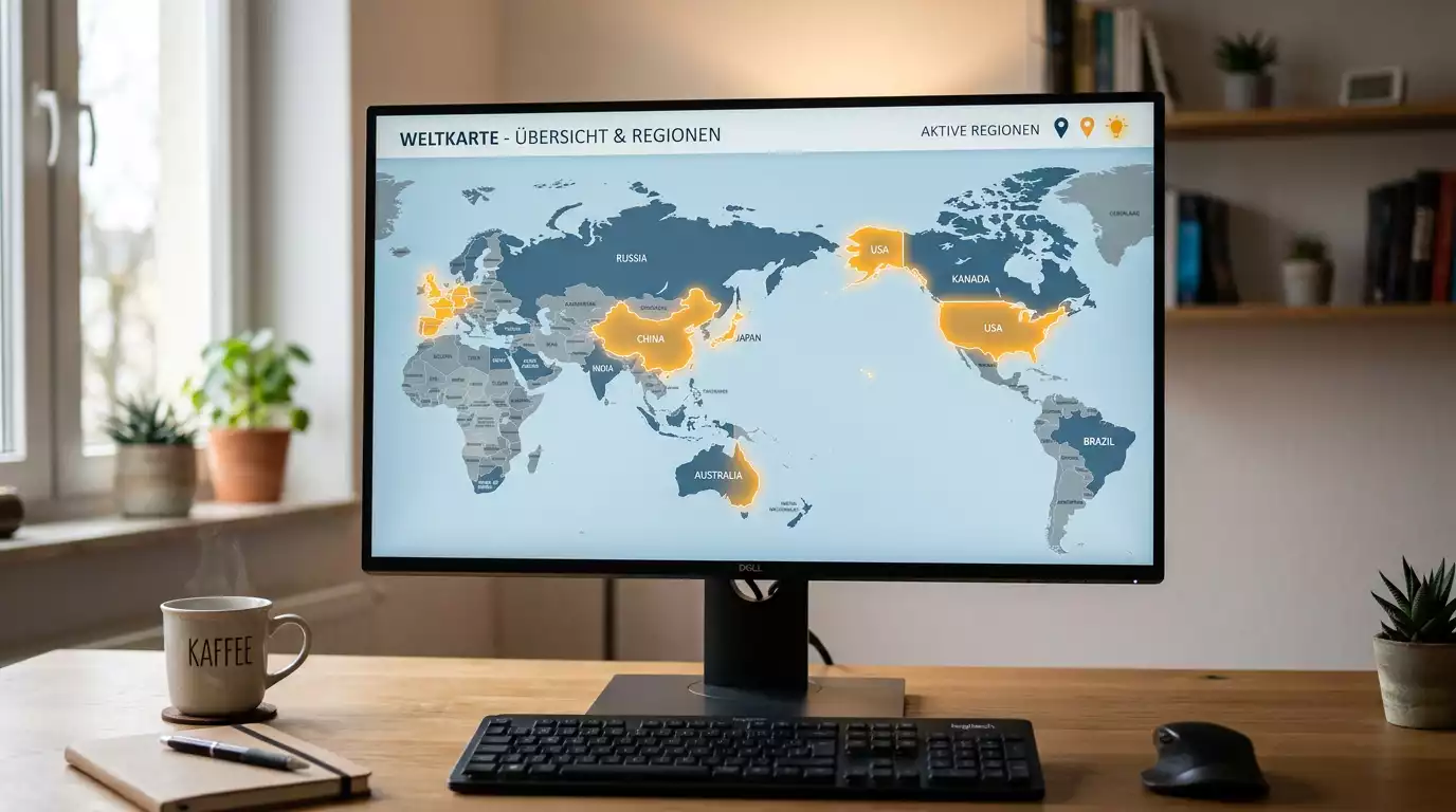 Weltkarte auf einem Bildschirm mit hervorgehobenen Regionen
