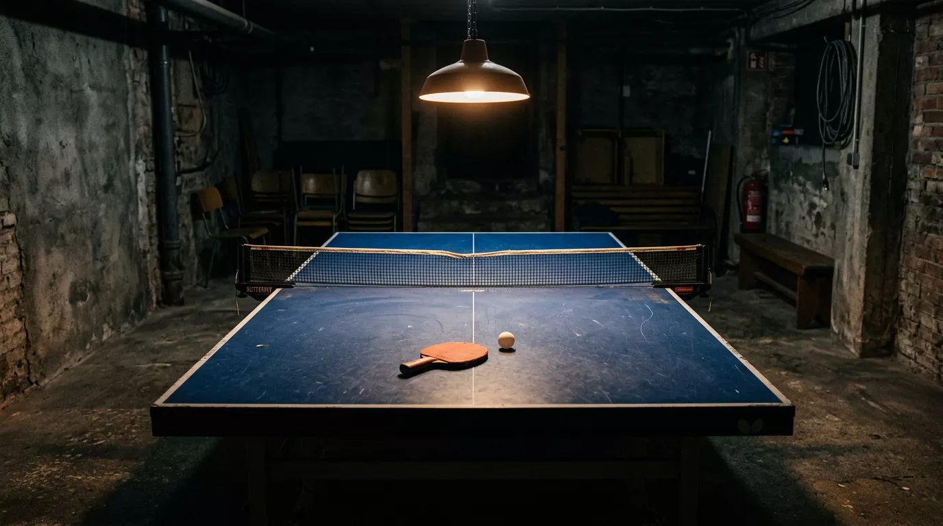 Schwach beleuchteter Tischtennistisch außerhalb eines offiziellen Wettbewerbs