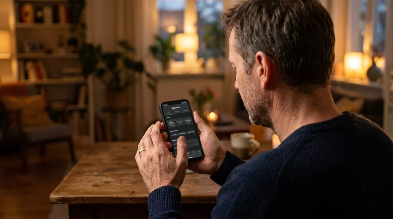 Wettender wägt mit dem Smartphone Vor- und Nachteile ab