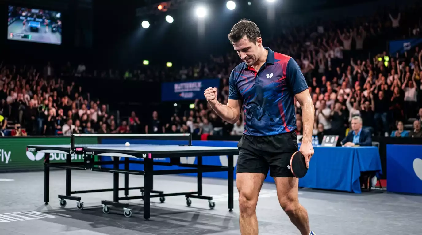 Tischtennisprofi feiert konzentriert einen gewonnenen Punkt