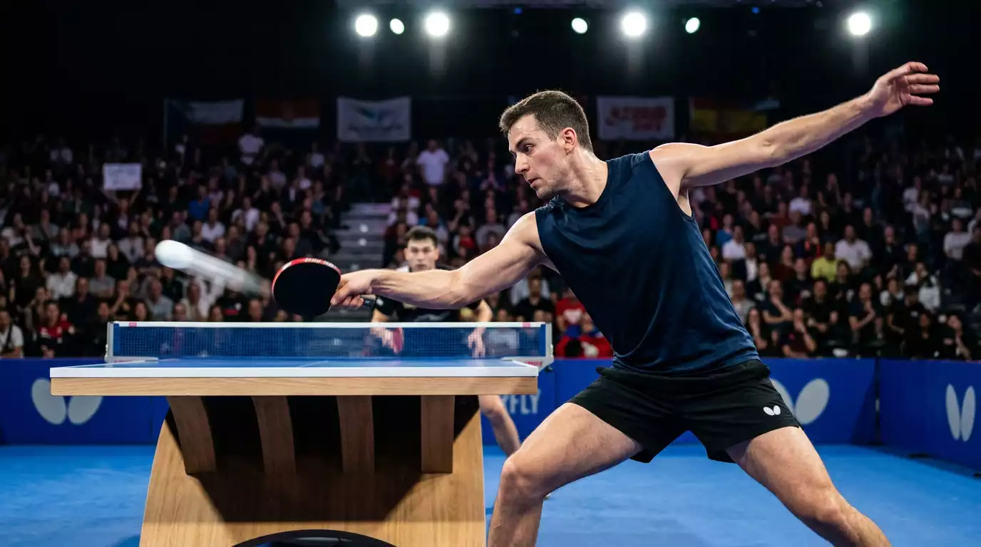 Tischtennisprofi spielt einen kraftvollen Topspin in der Arena
