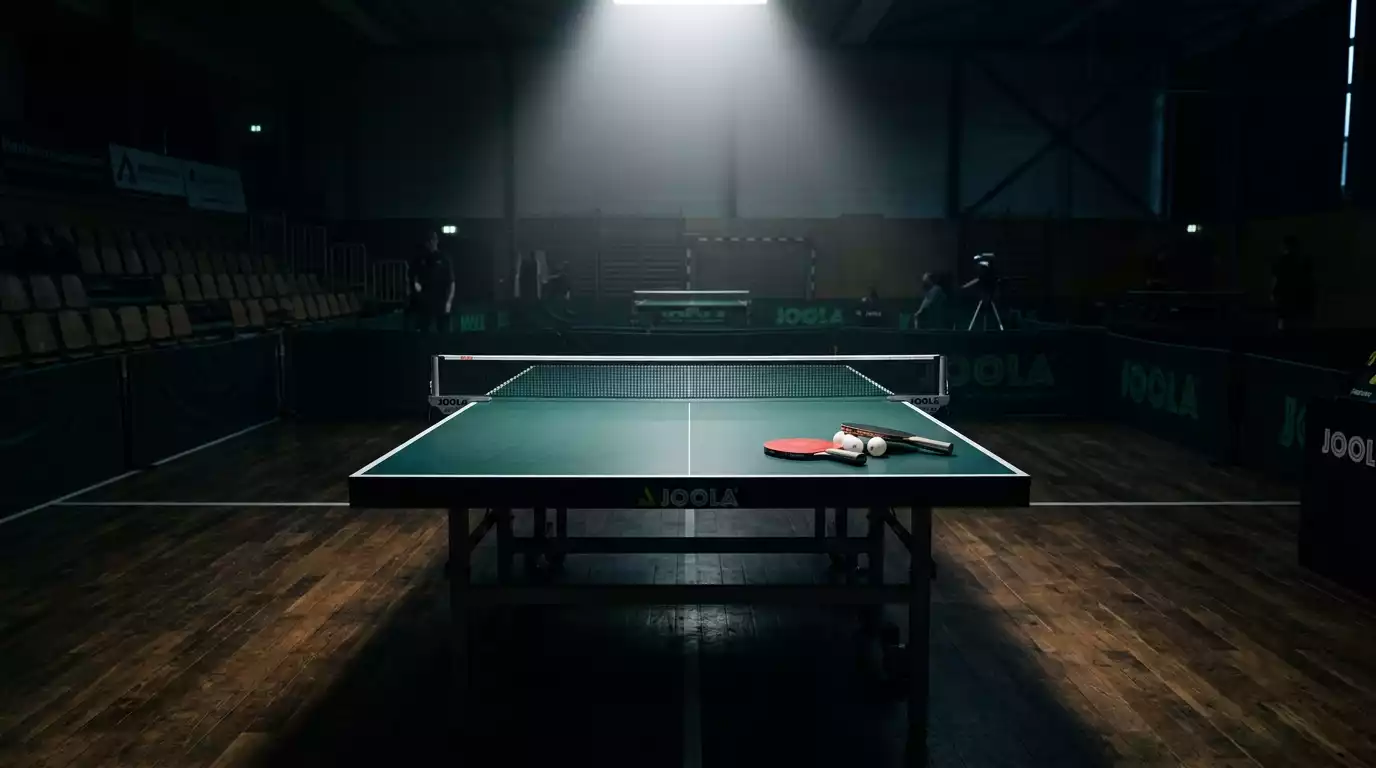 Tischtennistisch unter Hallenscheinwerfern vor einem Klubspiel