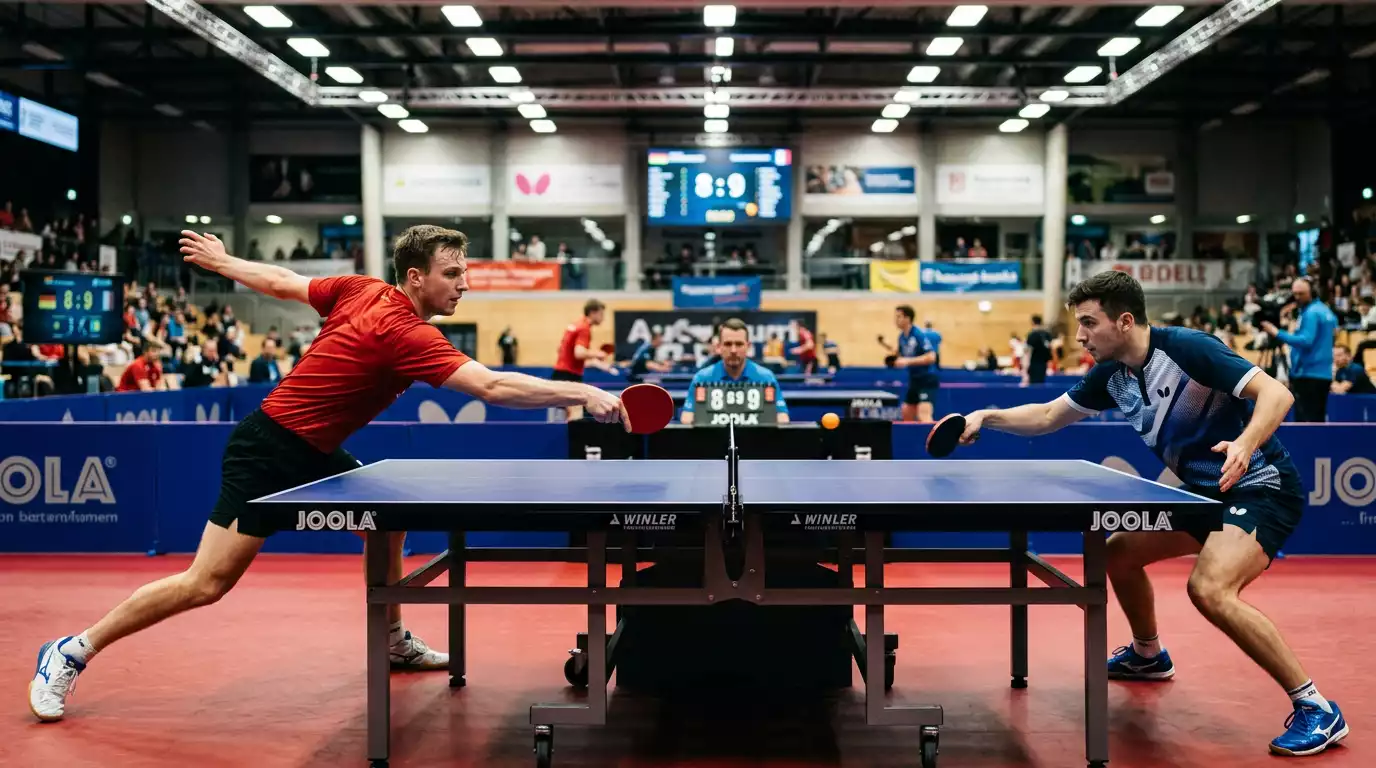 Zwei Tischtennisspieler unterschiedlicher Vereine duellieren sich am Netz
