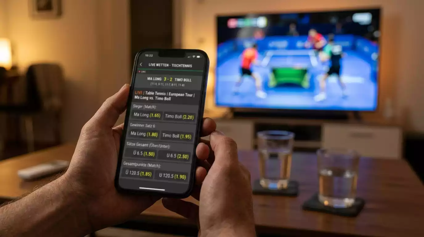 Smartphone mit einer Liste von Wettmärkten neben einem laufenden Spiel