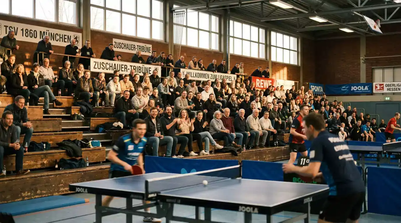 Zuschauer auf den Rängen einer Tischtennishalle verfolgen ein Ligaspiel