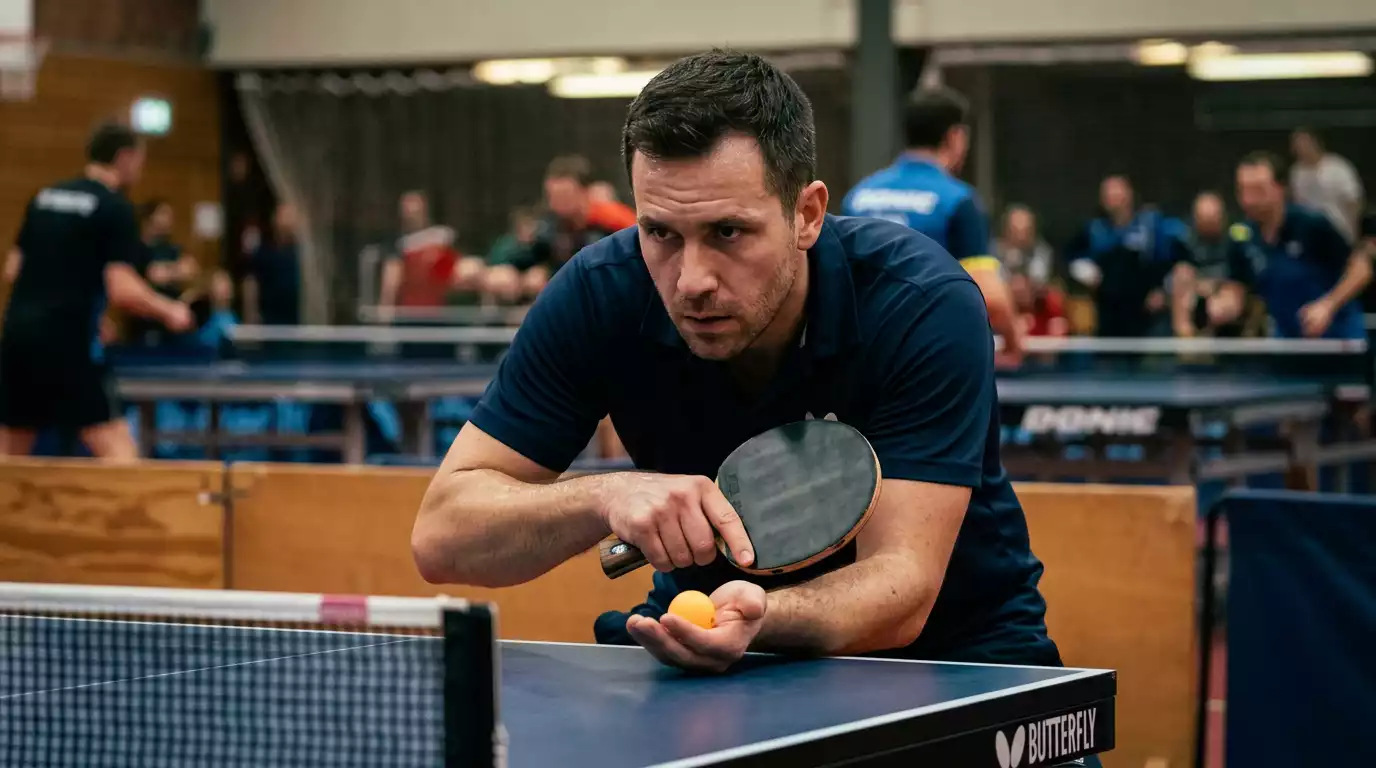 Konzentrierter Tischtennisspieler bereitet sich am Tisch vor