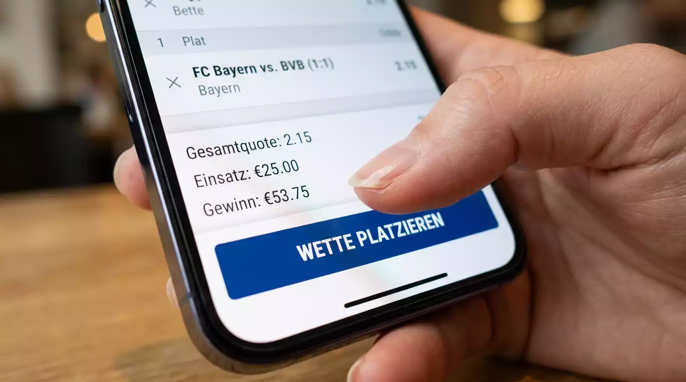 Finger tippt auf eine klar gestaltete Schaltfläche in einer App