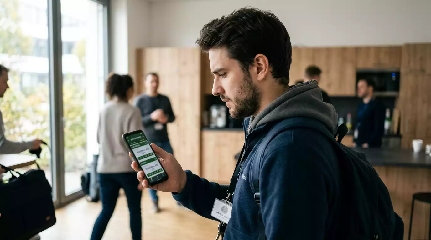 Nachdenklicher Einsteiger blickt unsicher auf sein Smartphone