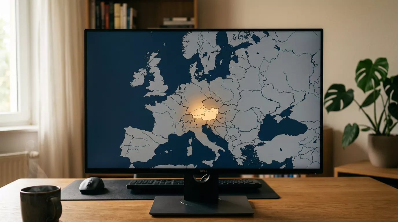 Europakarte auf einem Bildschirm mit hervorgehobener Region