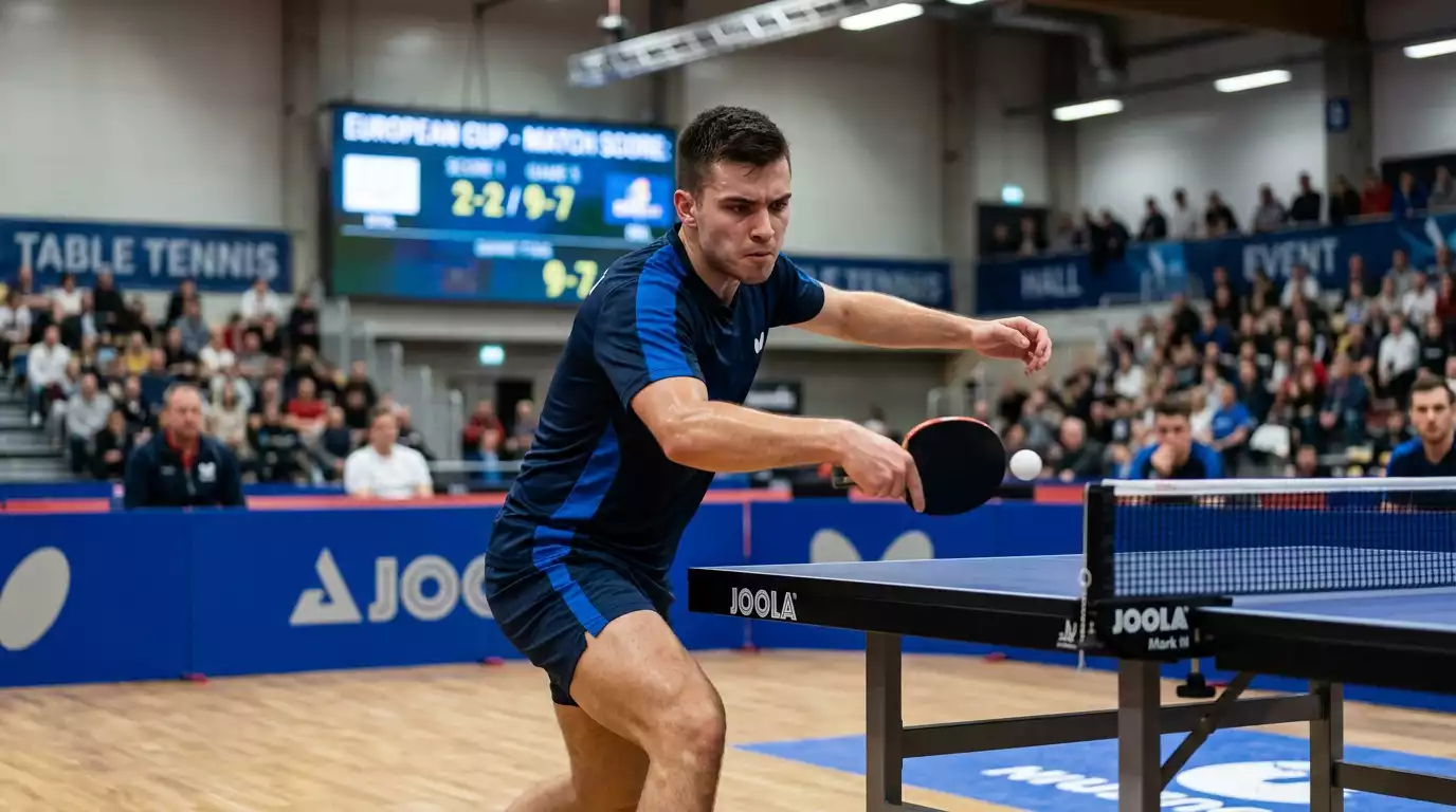 Tischtennisspieler in Vereinstrikot konzentriert während eines Europapokalspiels