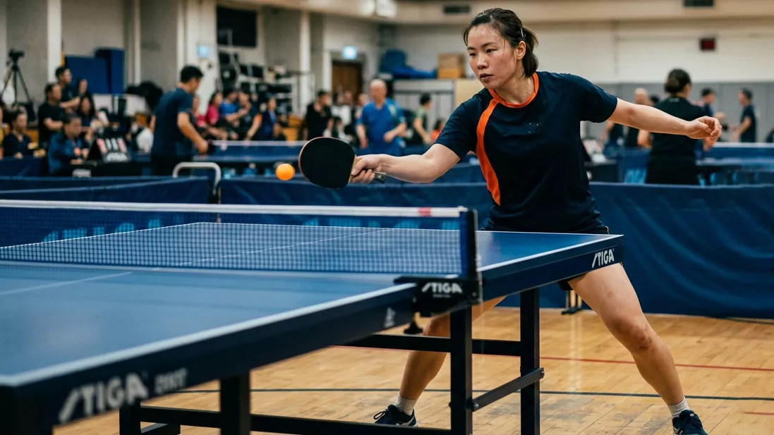 Überlegener Tischtennisspieler dominiert sichtbar einen Ballwechsel
