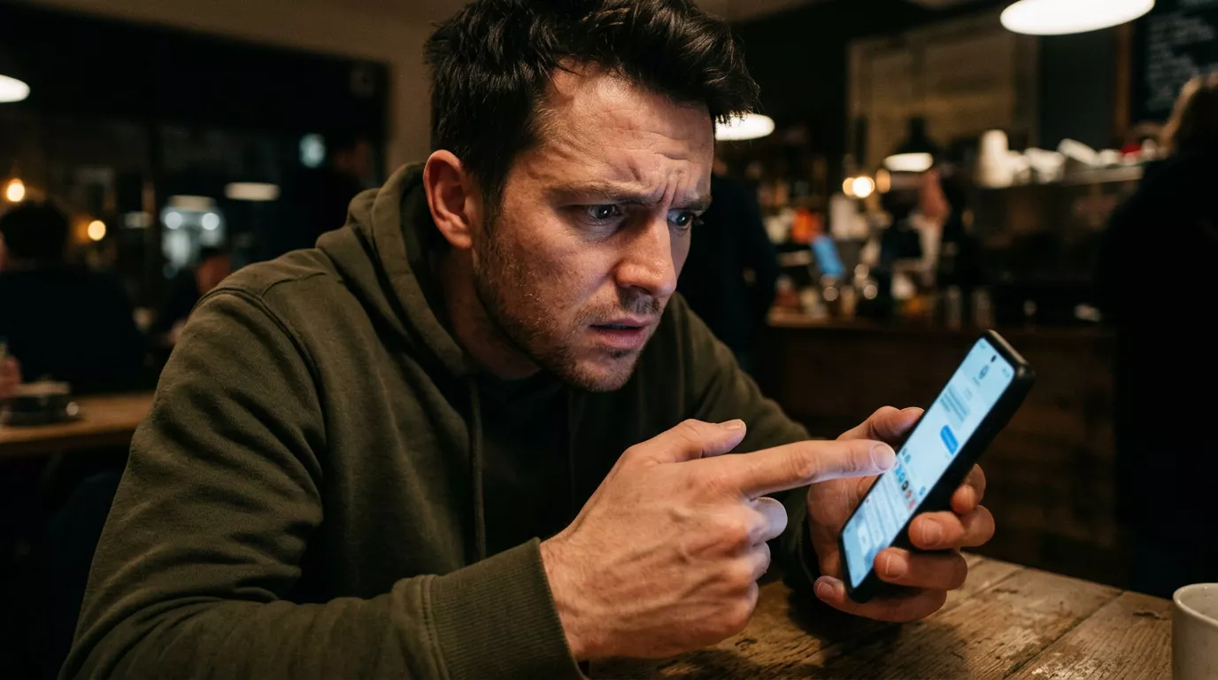 Angespannte Person tippt hastig auf dem Smartphone