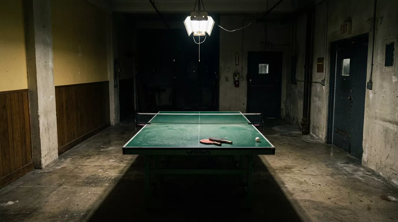 Schwach beleuchteter Tischtennistisch in einer kleinen, leeren Halle