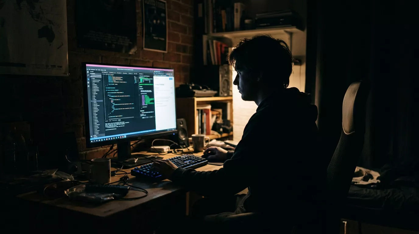 Frustrierte Person stützt den Kopf vor einem Laptop