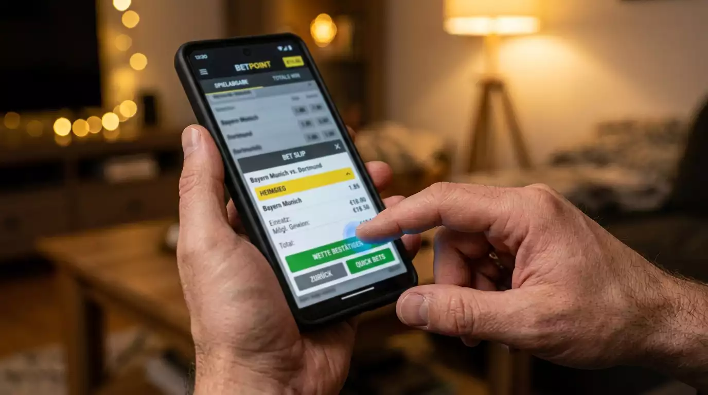 Hand fixiert auf dem Smartphone eine Auswahl mit bewusster Geste