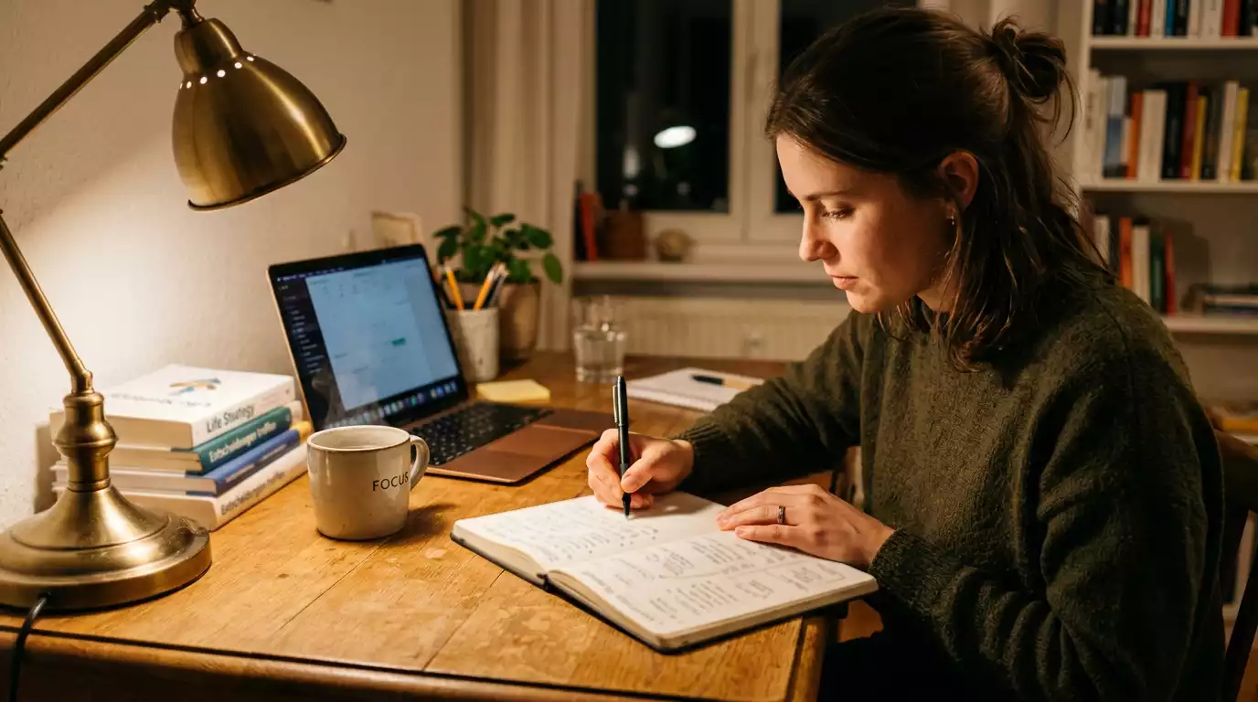 Person plant am Schreibtisch eine langfristige Entscheidung mit Notizen