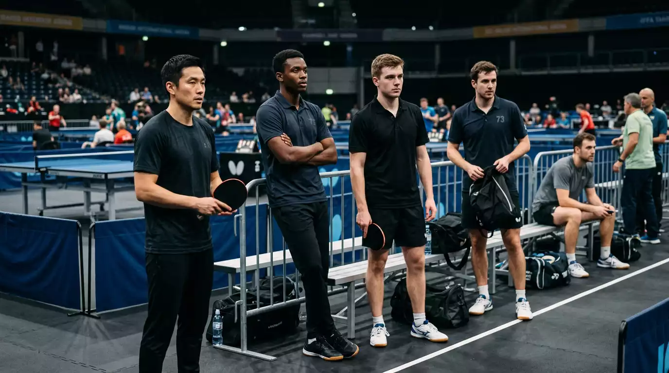 Mehrere Tischtennisprofis warten konzentriert vor ihren Spielen
