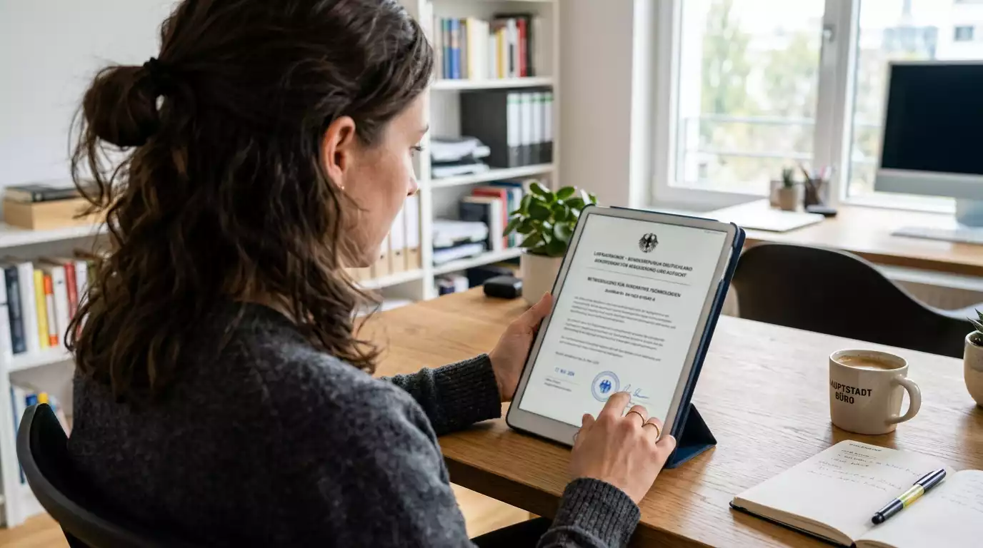 Person liest auf einem Tablet behördliche Informationen zur Lizenzierung