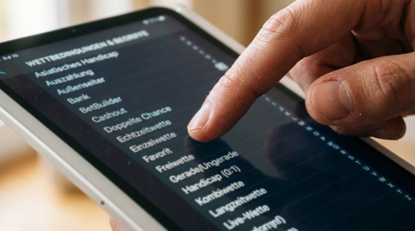 Finger gleitet über eine alphabetisch geordnete Begriffsliste auf dem Tablet