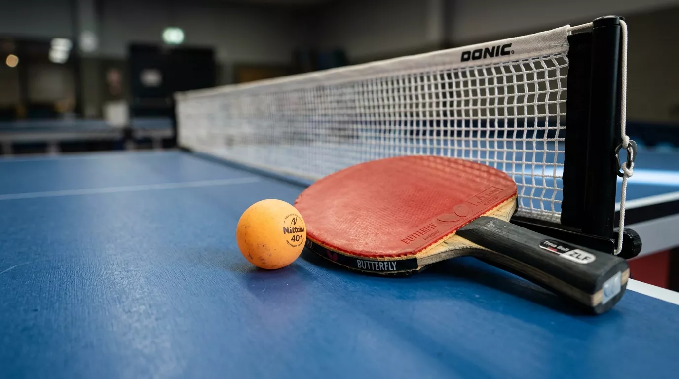 Nahaufnahme von Schläger und Ball auf einer Tischtennisplatte