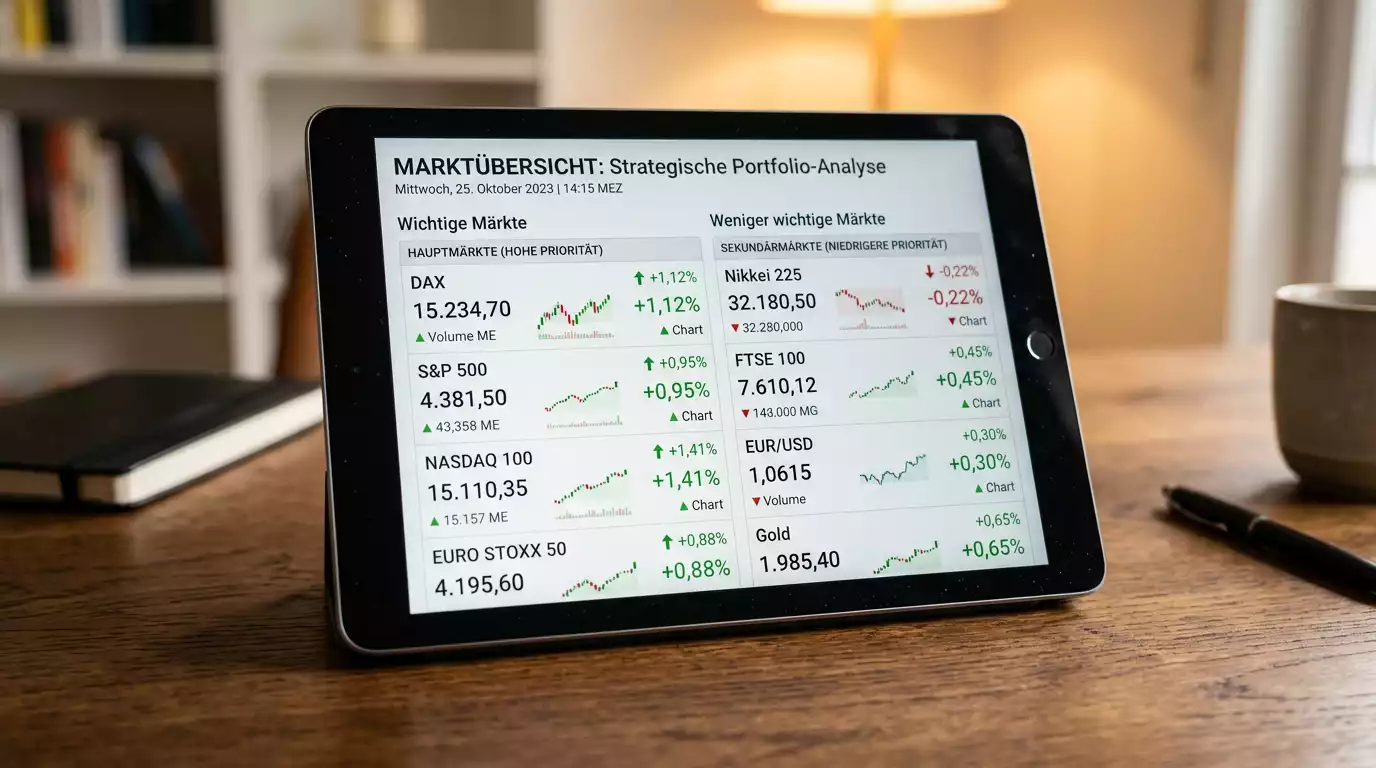 Tablet mit einer gegliederten Übersicht von Haupt- und Zusatzmärkten