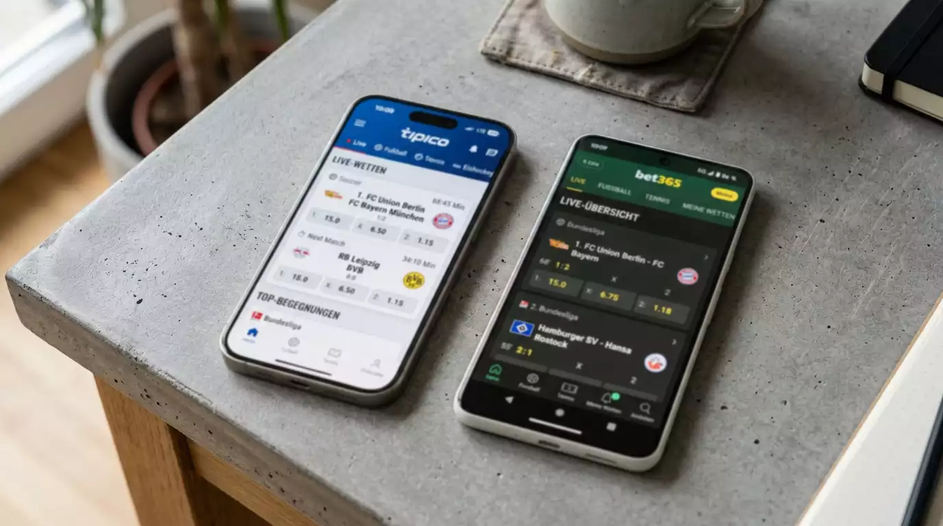 Zwei Smartphones nebeneinander zeigen dieselbe App auf iOS und Android