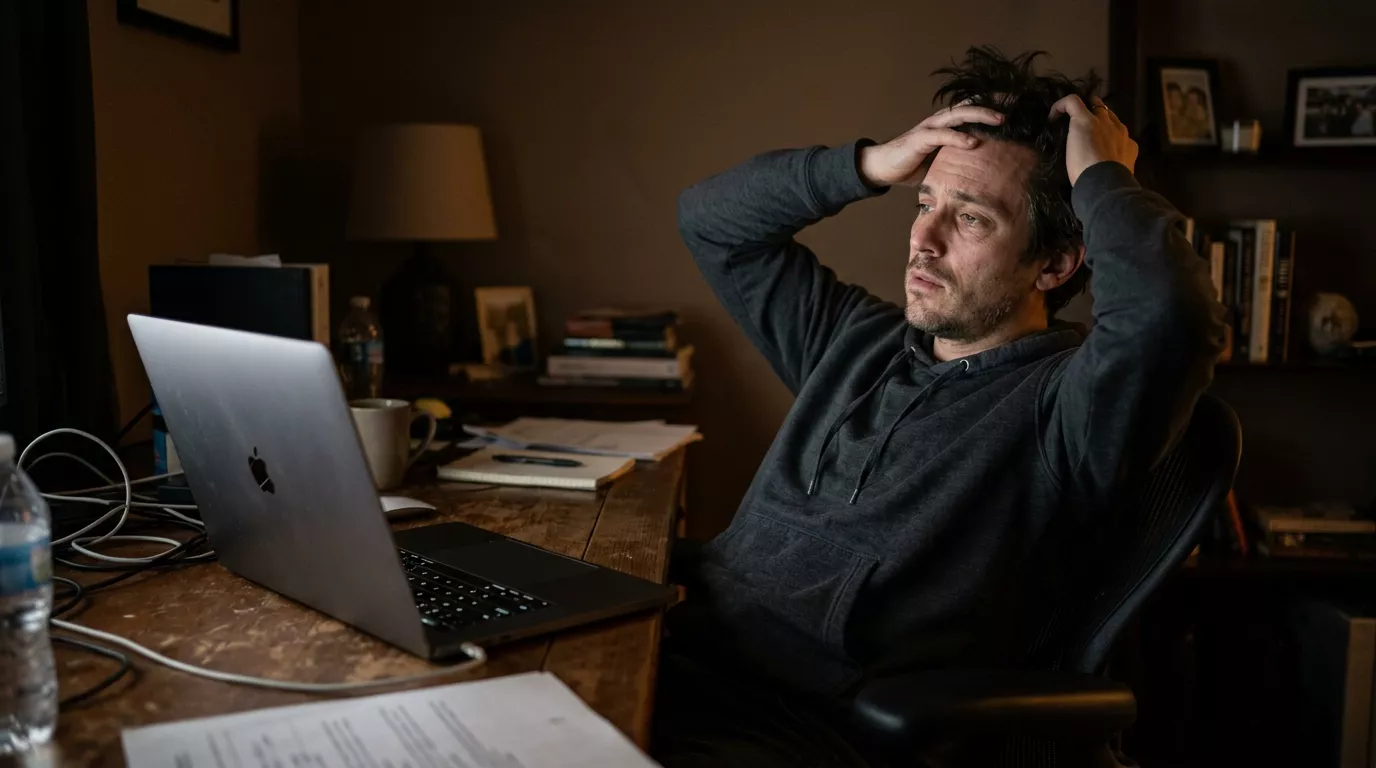 Frustrierte Person lehnt sich nachdenklich vom Laptop zurück