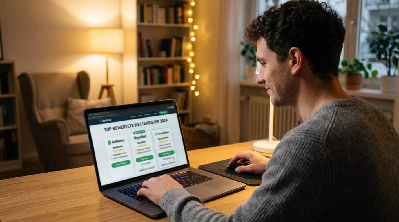 Person wählt bewusst eine geprüfte Wettseite auf dem Laptop