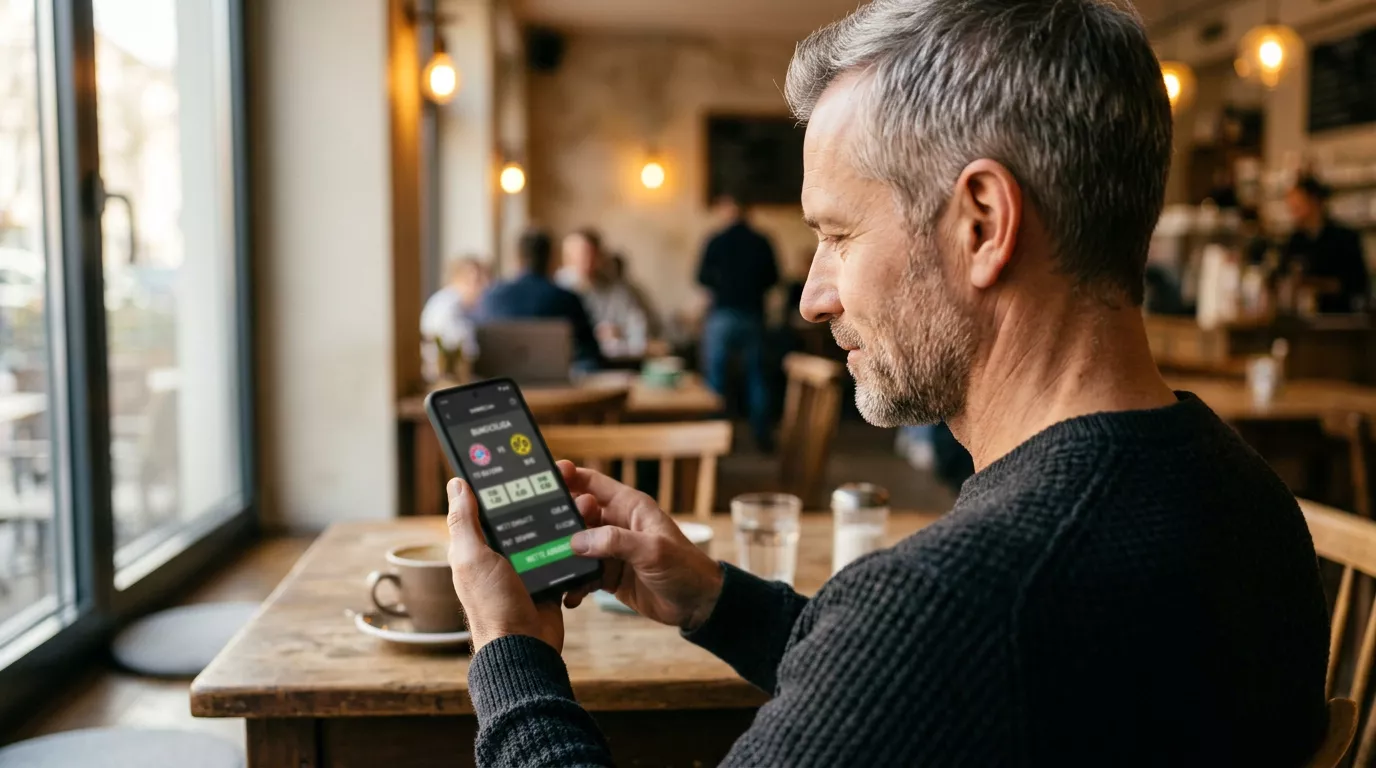 Ruhiger Wettender trifft überlegt eine Entscheidung am Smartphone