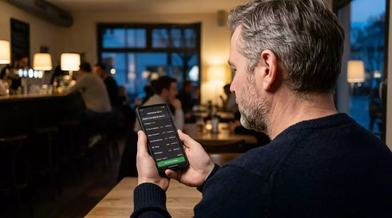 Wettender überlegt ruhig mit Smartphone vor einer langfristigen Wette