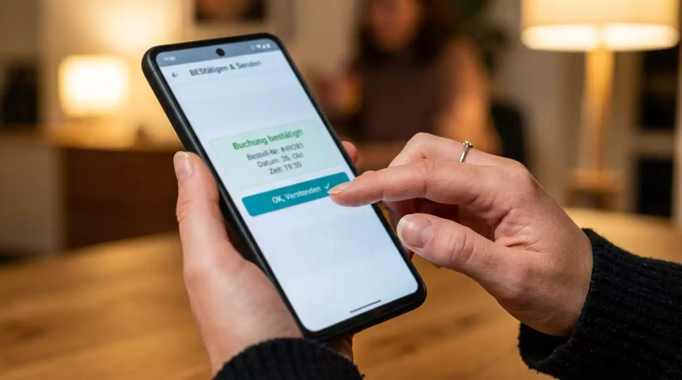 Hand wählt bewusst eine geprüfte Option auf einem Smartphone aus