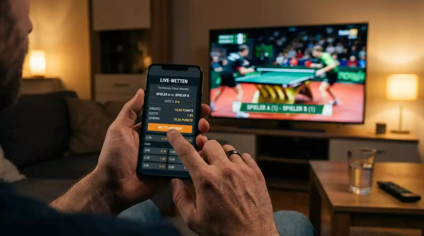 Hand tippt auf einem Smartphone während ein Tischtennisspiel im Hintergrund läuft