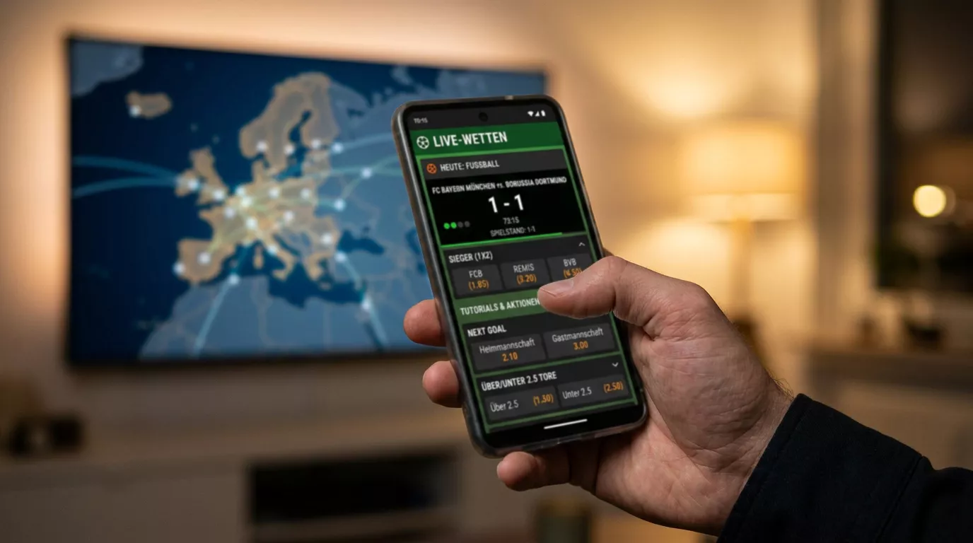 Smartphone mit Live-Wettoberfläche vor einem Weltkarten-Hintergrund