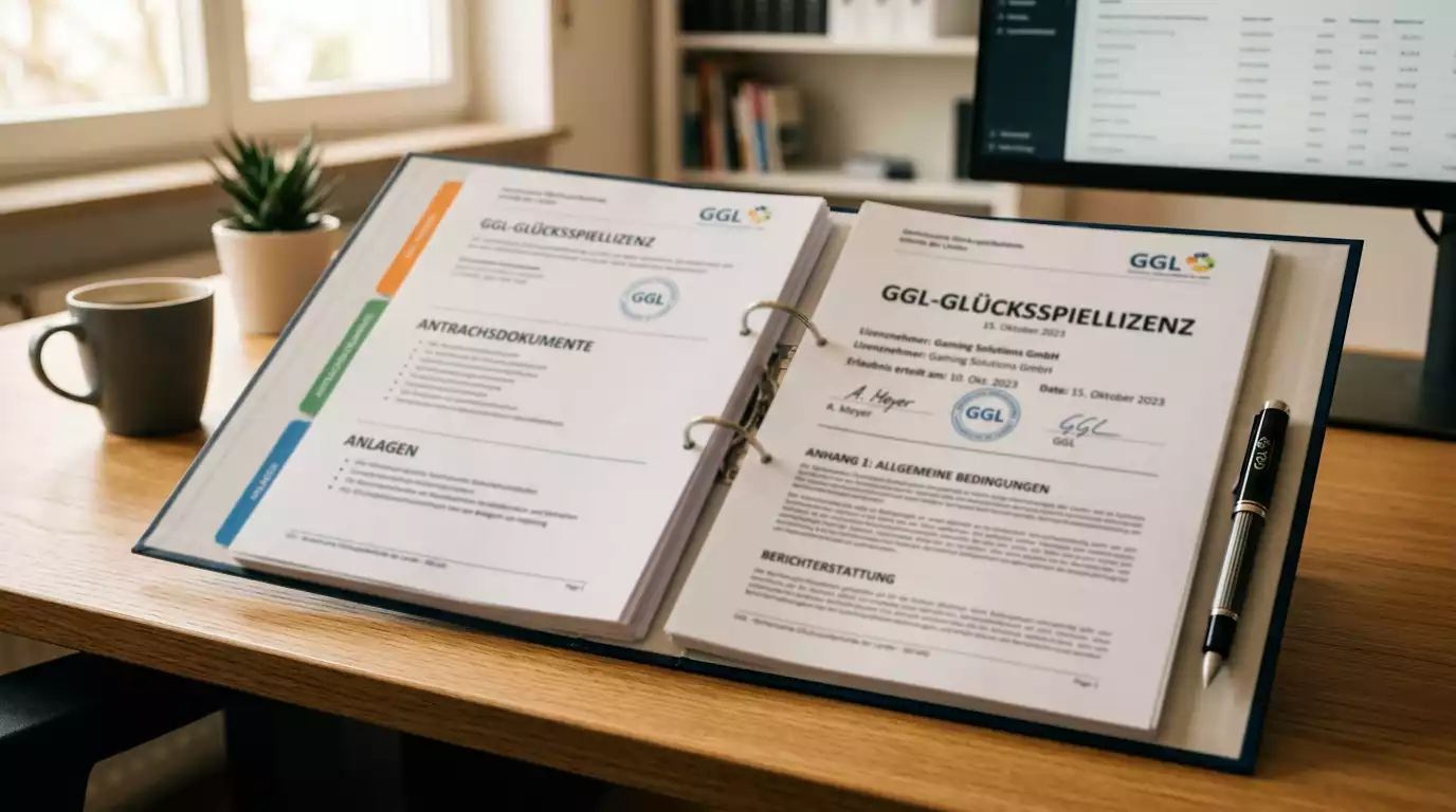 Aufgeschlagene Aktenmappe mit Dokumenten auf einem aufgeräumten Schreibtisch