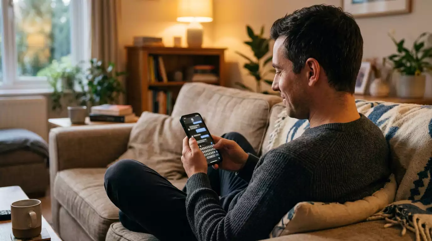 Zufriedene Person nutzt entspannt ein Smartphone auf dem Sofa