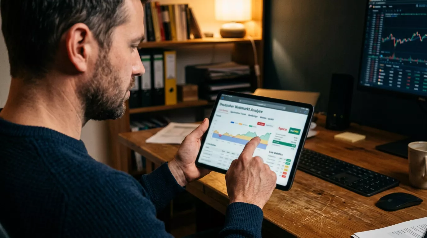 Person wertet konzentriert Marktdaten auf einem Tablet aus