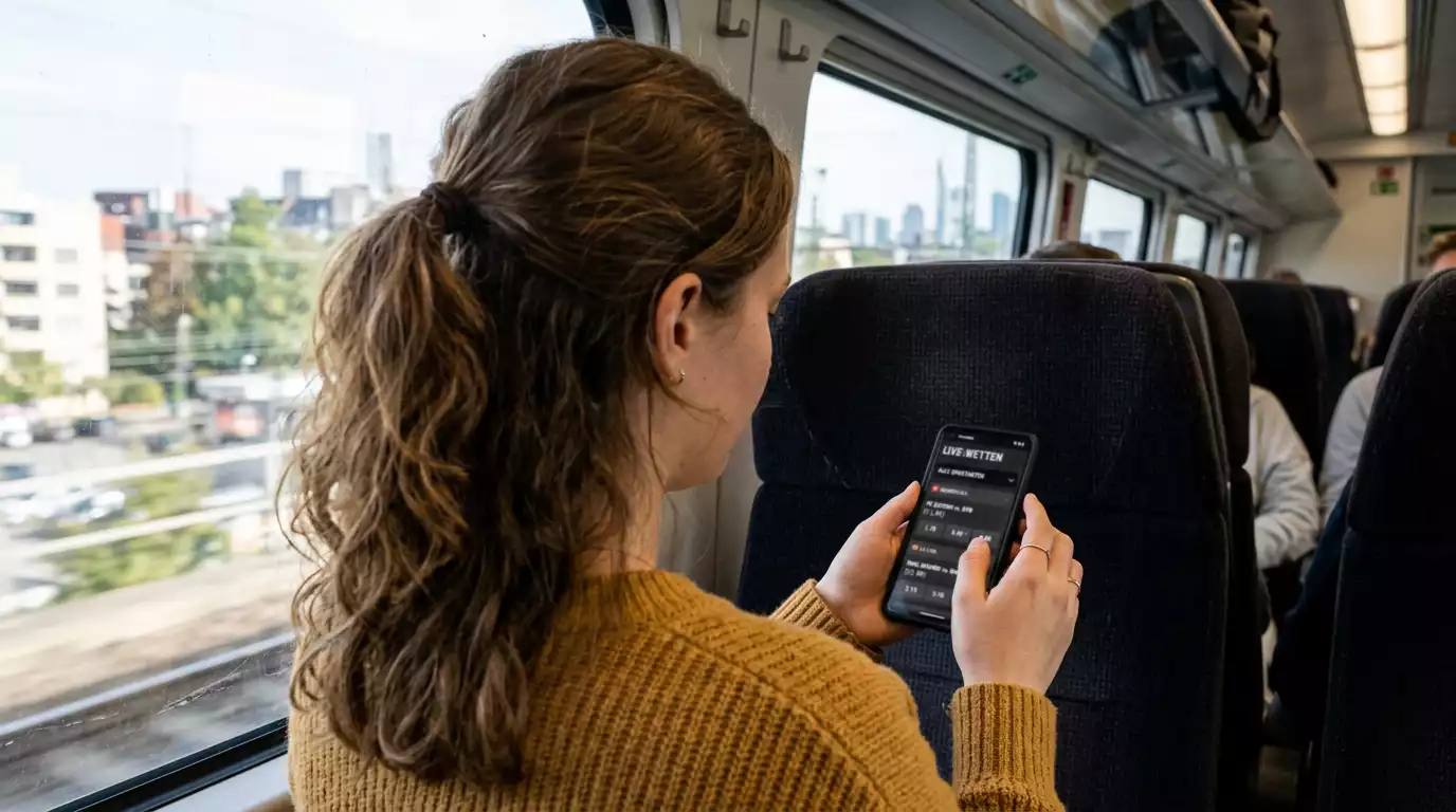 Person nutzt ein Smartphone für Wetten in einer Bahn unterwegs