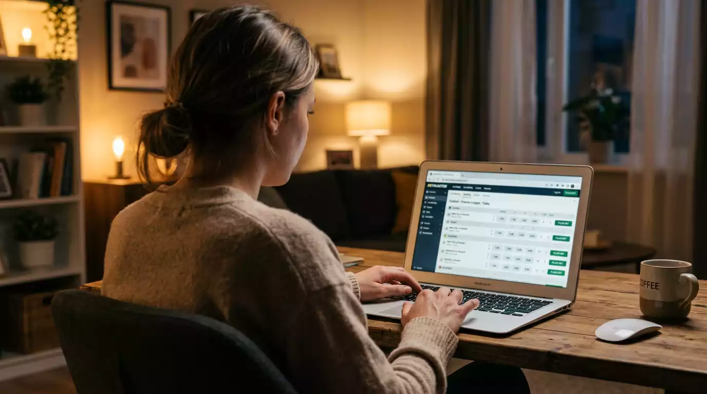 Person scrollt prüfend durch ein Wettangebot auf dem Laptop