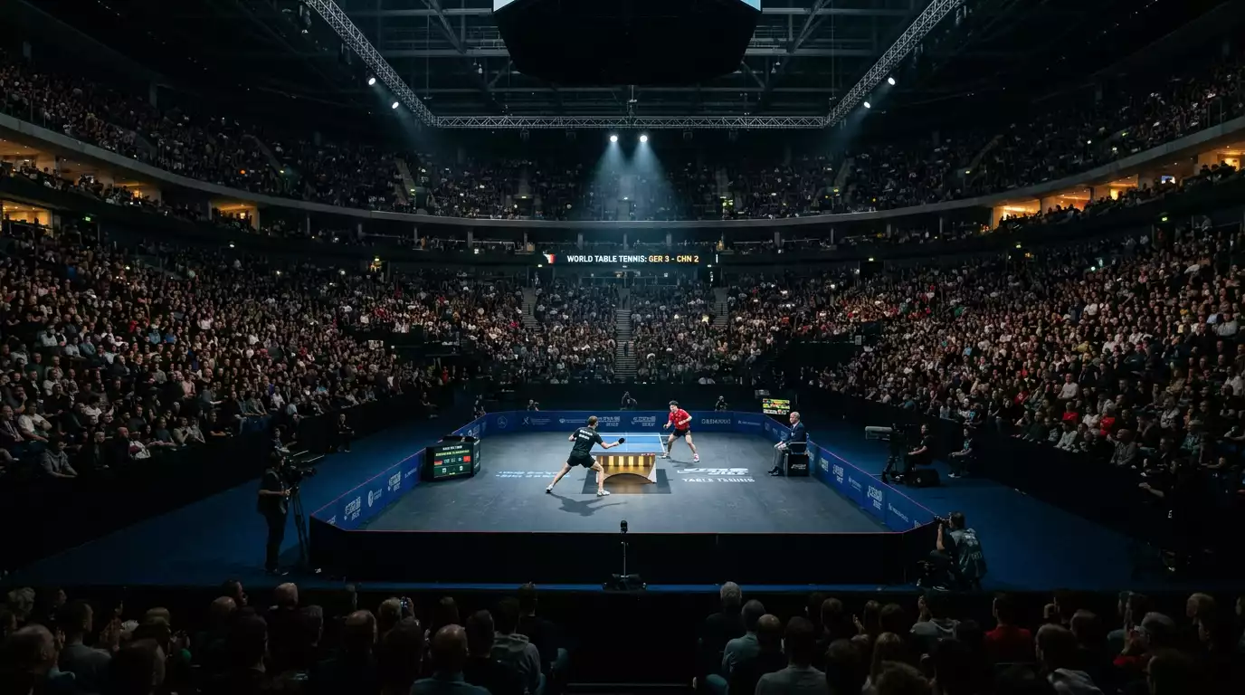 Große Sportarena mit Publikum während eines Tischtennis-Wettbewerbs