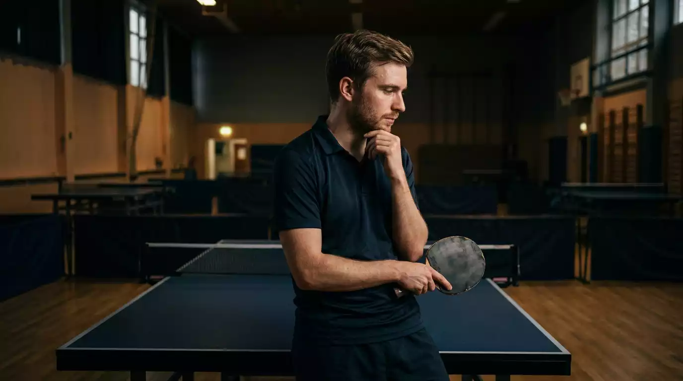 Tischtennisspieler steht nachdenklich mit Schläger in einer Arena