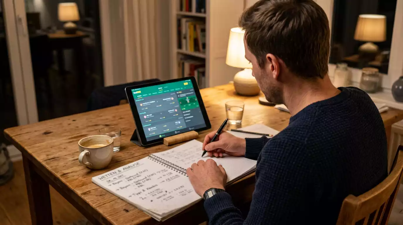 Person plant am Schreibtisch eine langfristige Wettentscheidung mit Notizen