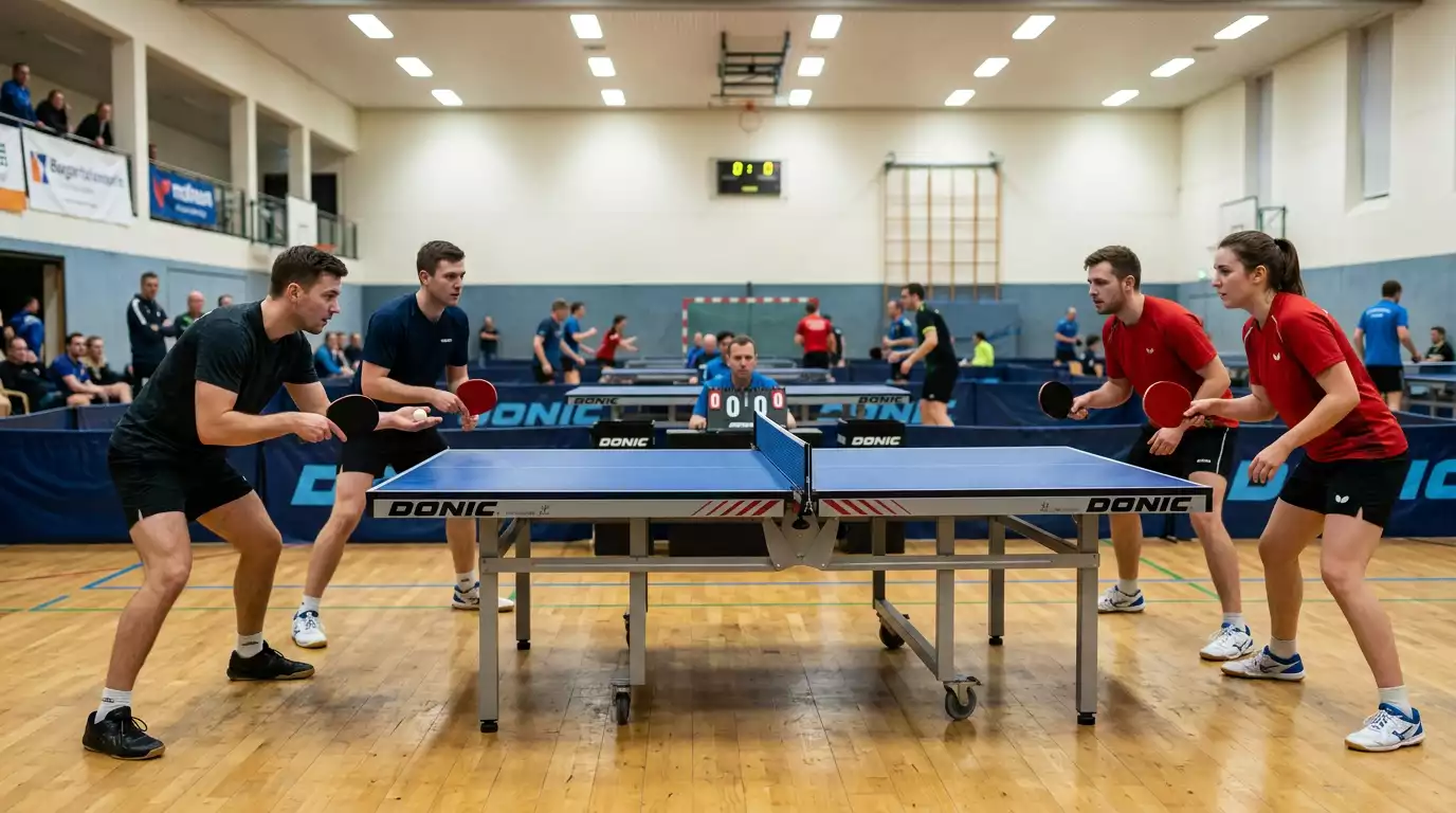 Tischtennis-Doppelpaar steht gemeinsam bereit am Tisch
