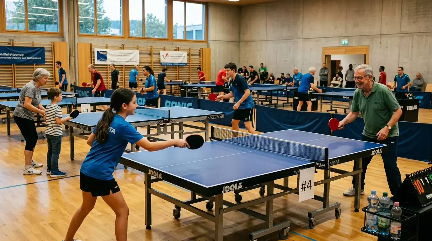 Junge und ältere Spieler teilen sich gemeinsam eine Tischtennishalle