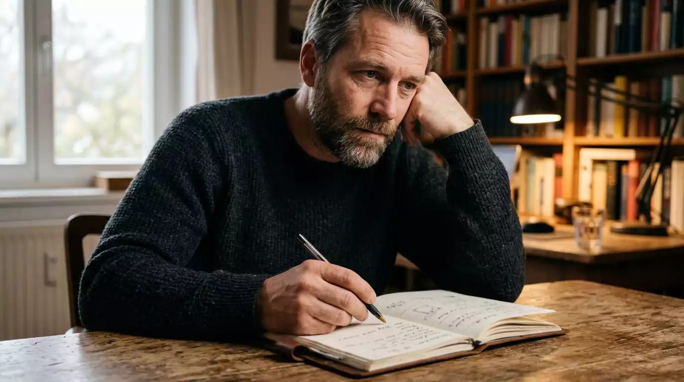 Person sitzt nachdenklich mit Notizbuch und Stift vor einer Entscheidung
