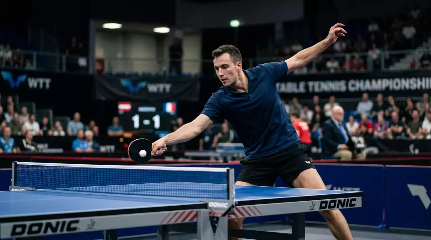 Tischtennisprofi schlägt selbstbewusst auf bei einem Match