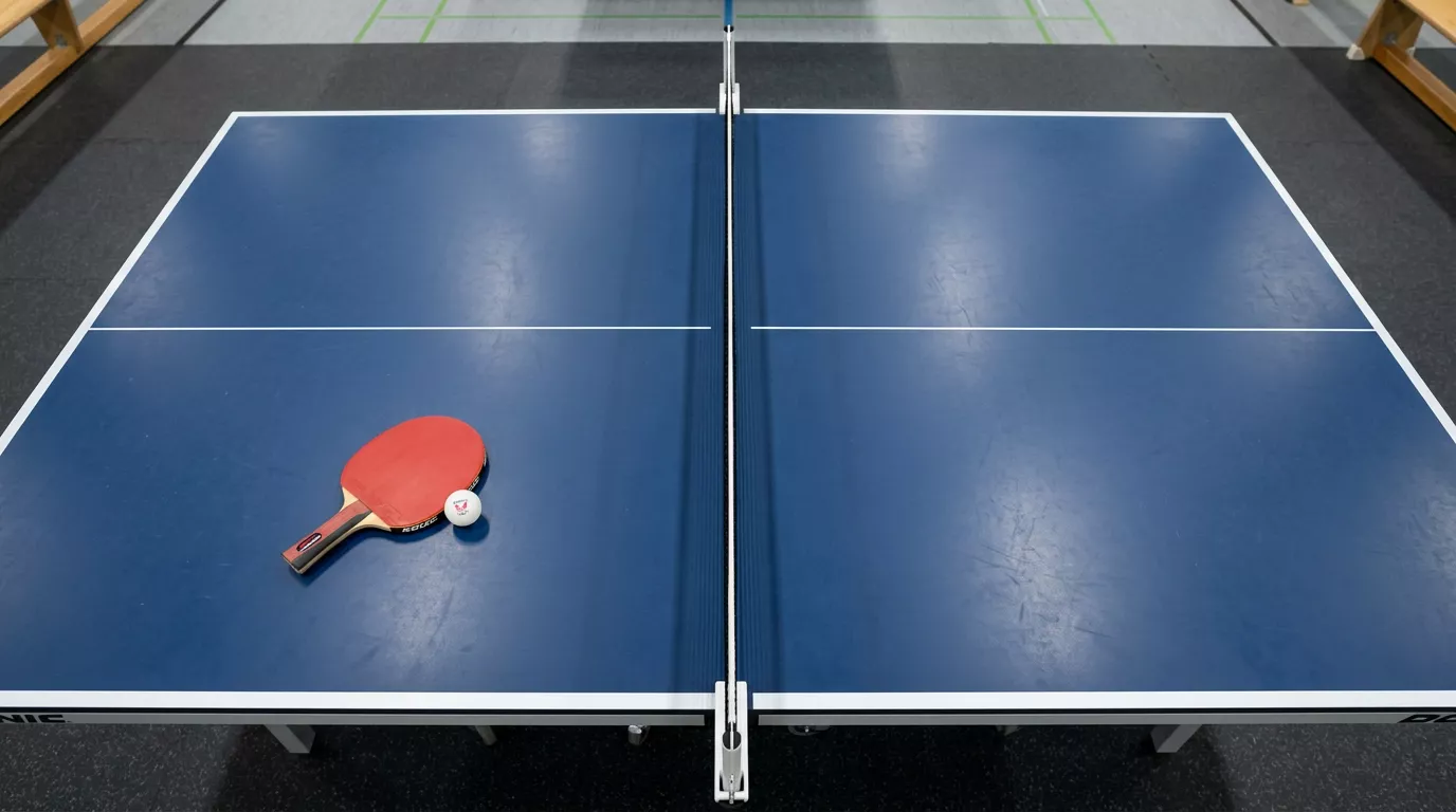 Tischtennistisch von oben mit Schläger und Ball bereit zum Spiel