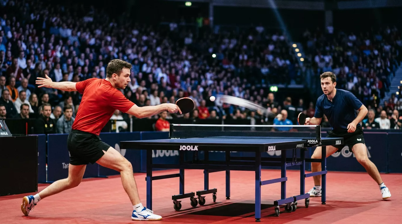 Intensiver Ballwechsel zweier Spieler an der Tischtennisplatte