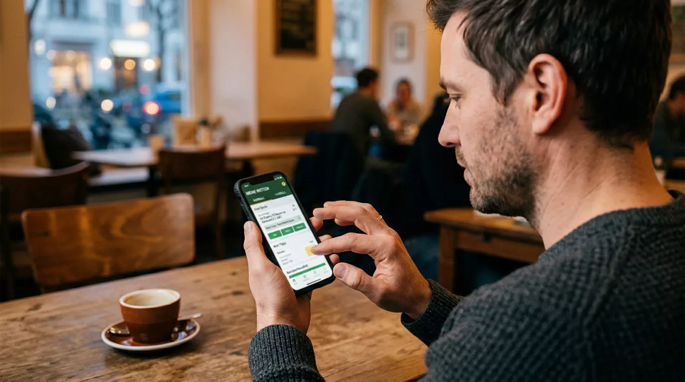 Wettender betrachtet konzentriert eine Wettoberfläche auf dem Smartphone