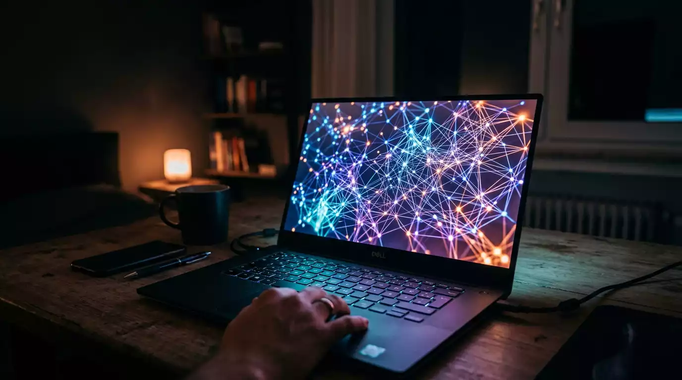 Dunkler Laptopbildschirm mit einer abstrakten Netzwerkdarstellung